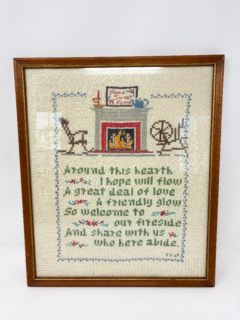 Vintage Cross Stitch Framed Picture "Home Sweet Home" Hearth Love Fireplace Warm